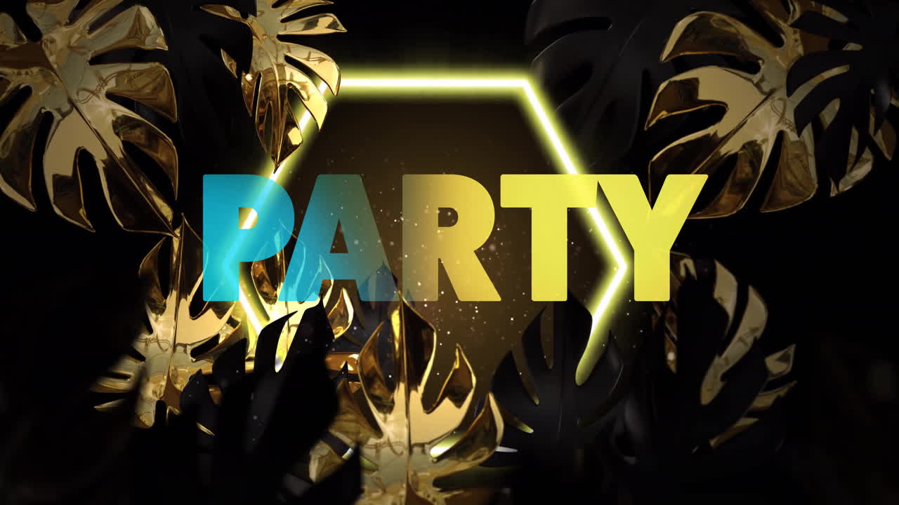 Animation of party text in shape and leaves on black background