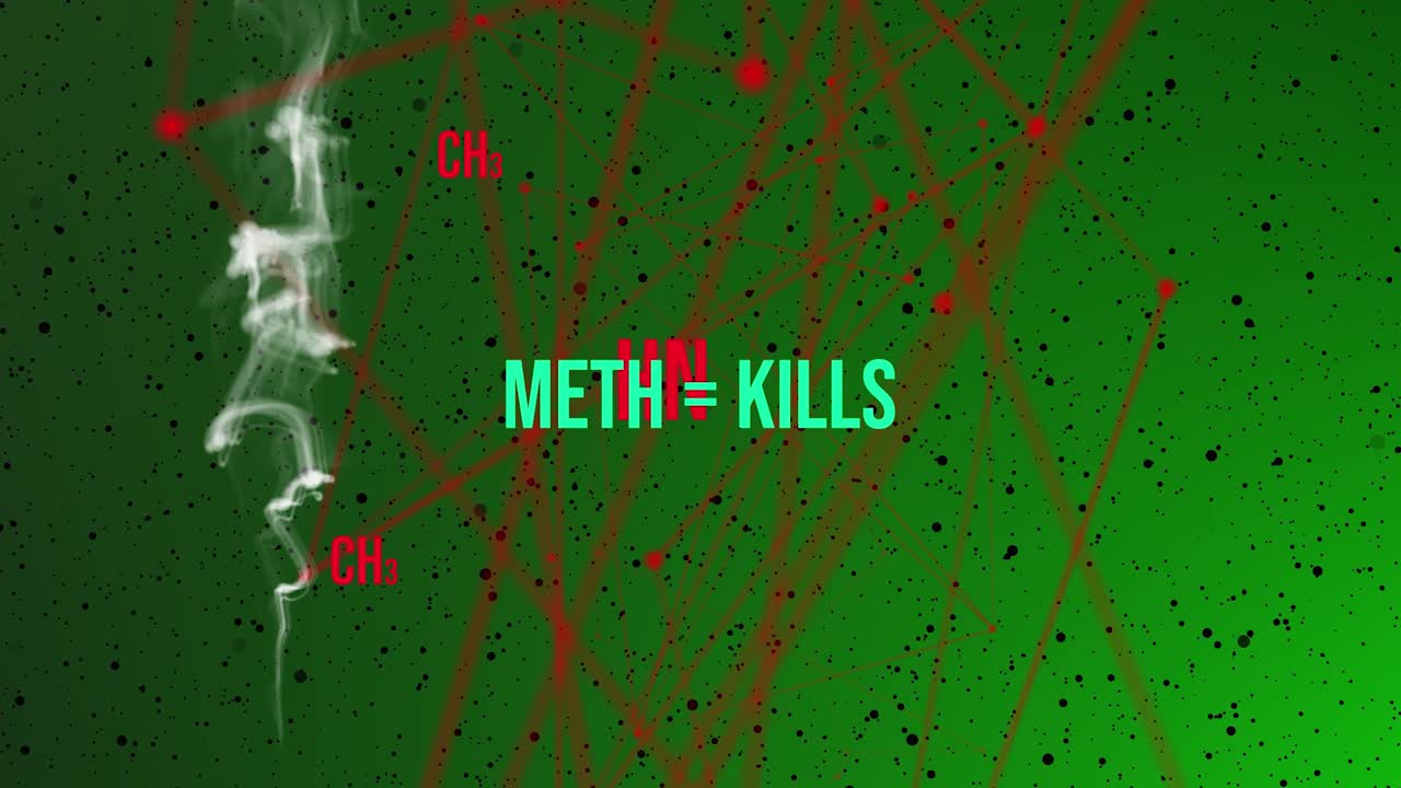 녹색 배경, 연기, 메스를 죽인다는 메시지가 있는 빨간색 메스암페타민의 화합물