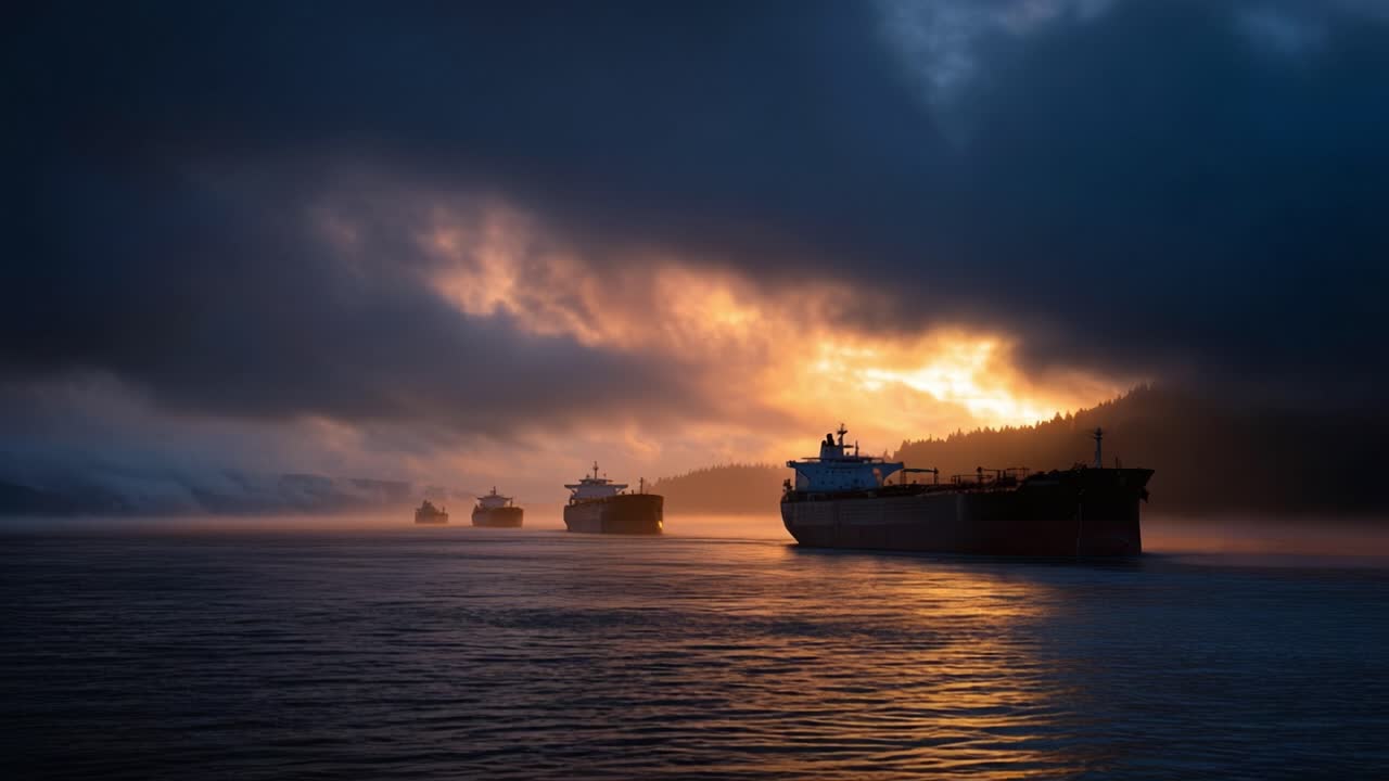 Il tramonto risplende dietro nuvole temporalesche su un mare nebbioso. Tre navi cargo si muovono lentamente attraverso acque calme. Le sagome si riflettono sulla superficie luminosa. La scena evoca calma, mistero e forza industriale.