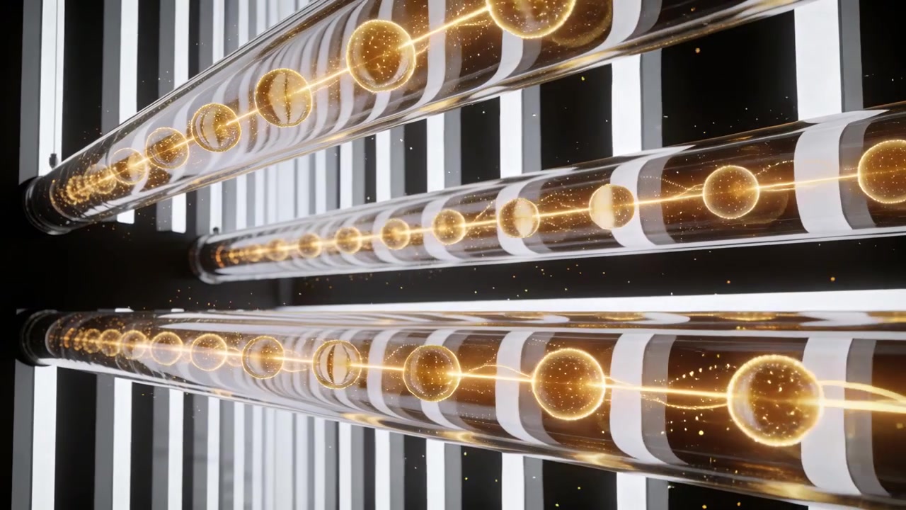 Playing, three tubes with glowing gold orbs moving right past white rings in studio, leaving sparks
