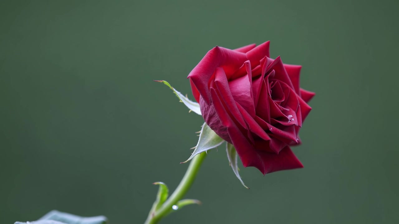 Una singola rosa rossa in fiore su uno sfondo verde tenue.
