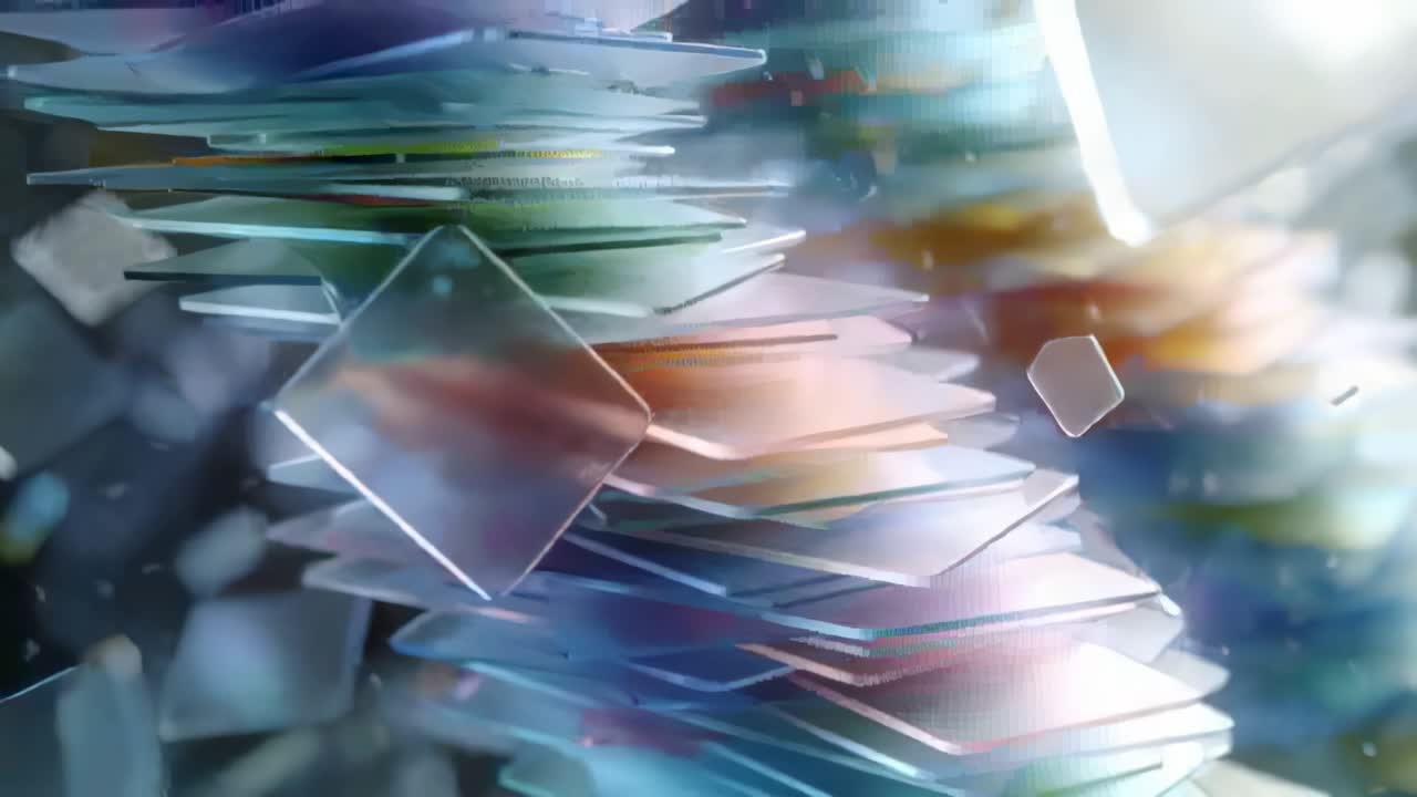 Camera shifting, glass plate stack rotating and sliding in 3D scene, showing warm light and shards