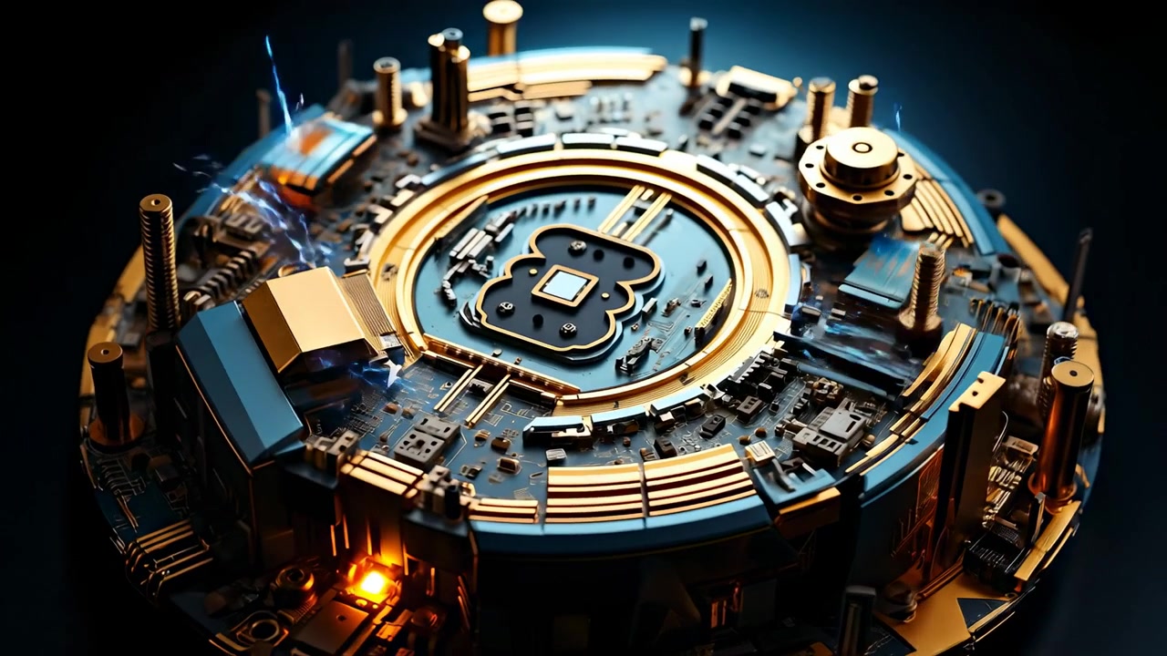 Bitcoin circuit board design. A close view of a circuit board showing the bitcoin symbol.