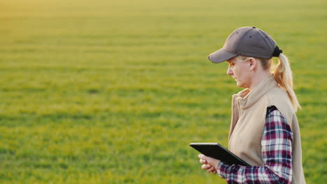 a young woman farmer walks along a wheat field carrying a tablet