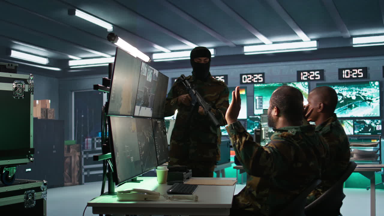 테러리스트가 사령소에 있는 군인들을 소총으로 위협하고 있습니다.