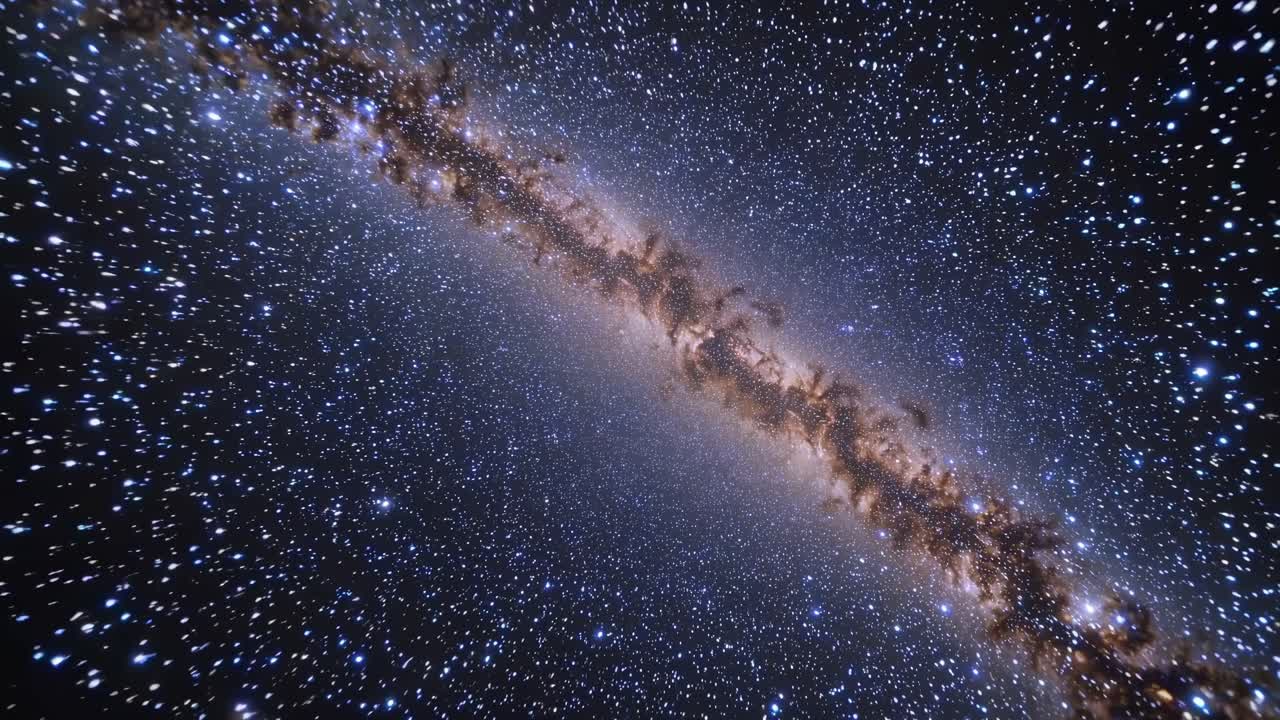 A mesmerizing wide-angle video of the Milky Way galaxy, showcasing a star-filled sky with a diagonal