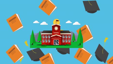 graduation hat and book icons falling over school building icon against blue background