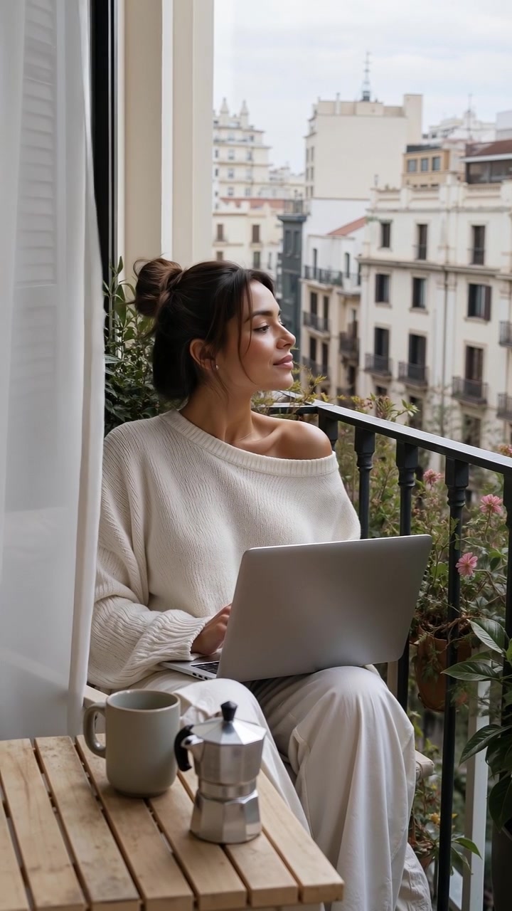 Giovane donna sorridente che lavora al suo laptop mentre è seduta su un balcone in città in una giornata luminosa