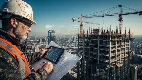 construction supervisor analyzing building progress using digital technology on a high-rise project with cityscape in the background