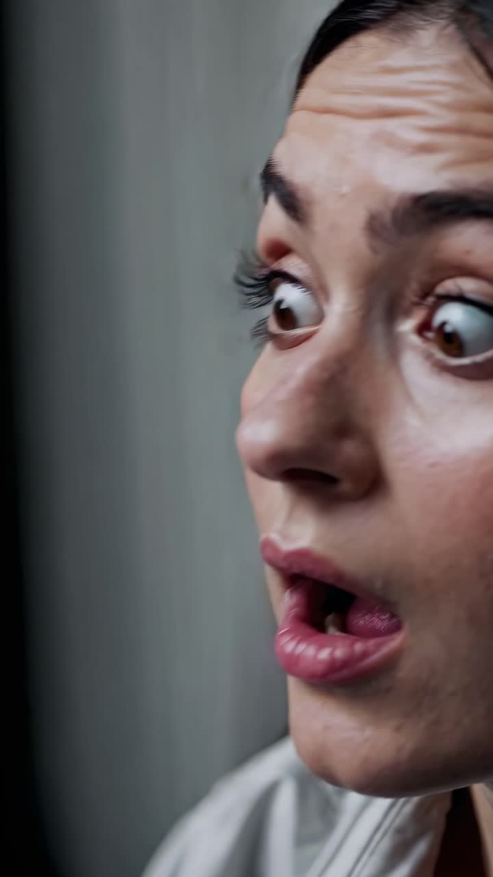 Close-up video shot of a surprised woman, capturing her wide-eyed expression