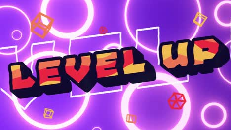 Animation-of-level-up-text-over-neon-pattern-on-purple-background