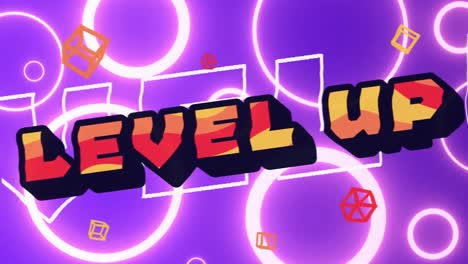 animation of level up text over neon pattern on purple background