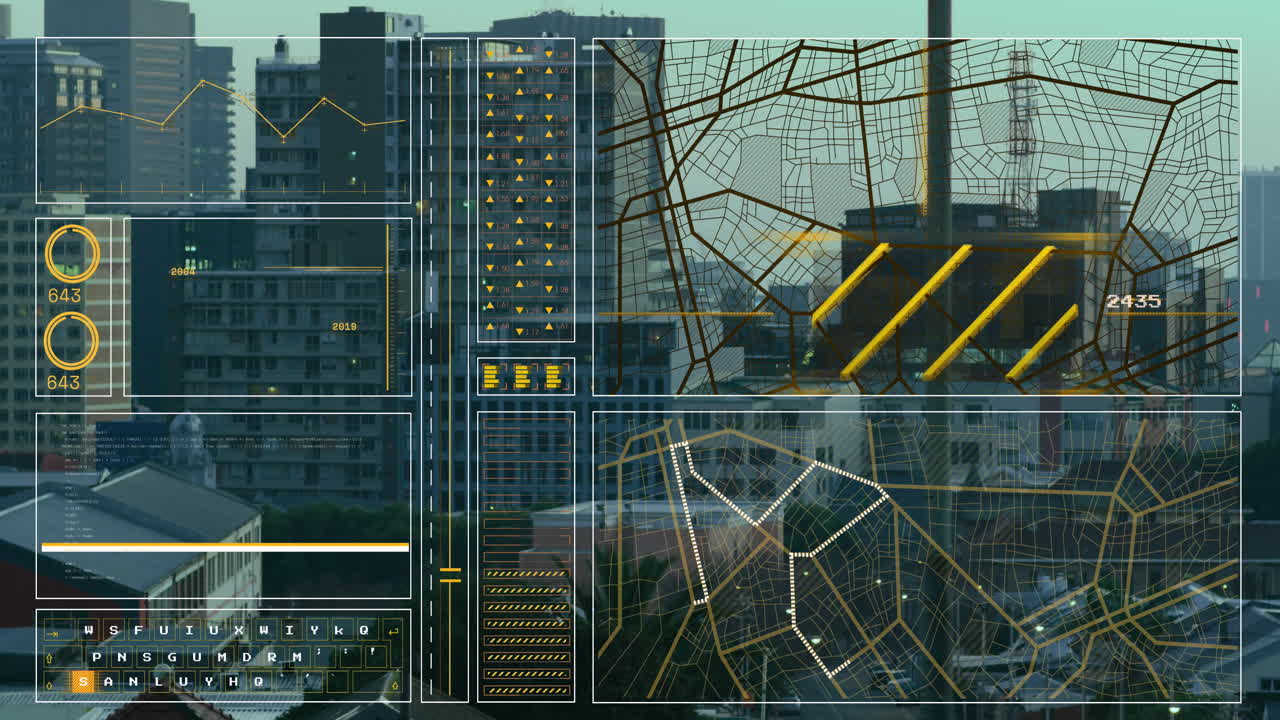 animación de la interfaz con el procesamiento de datos frente a una vista aérea del paisaje urbano