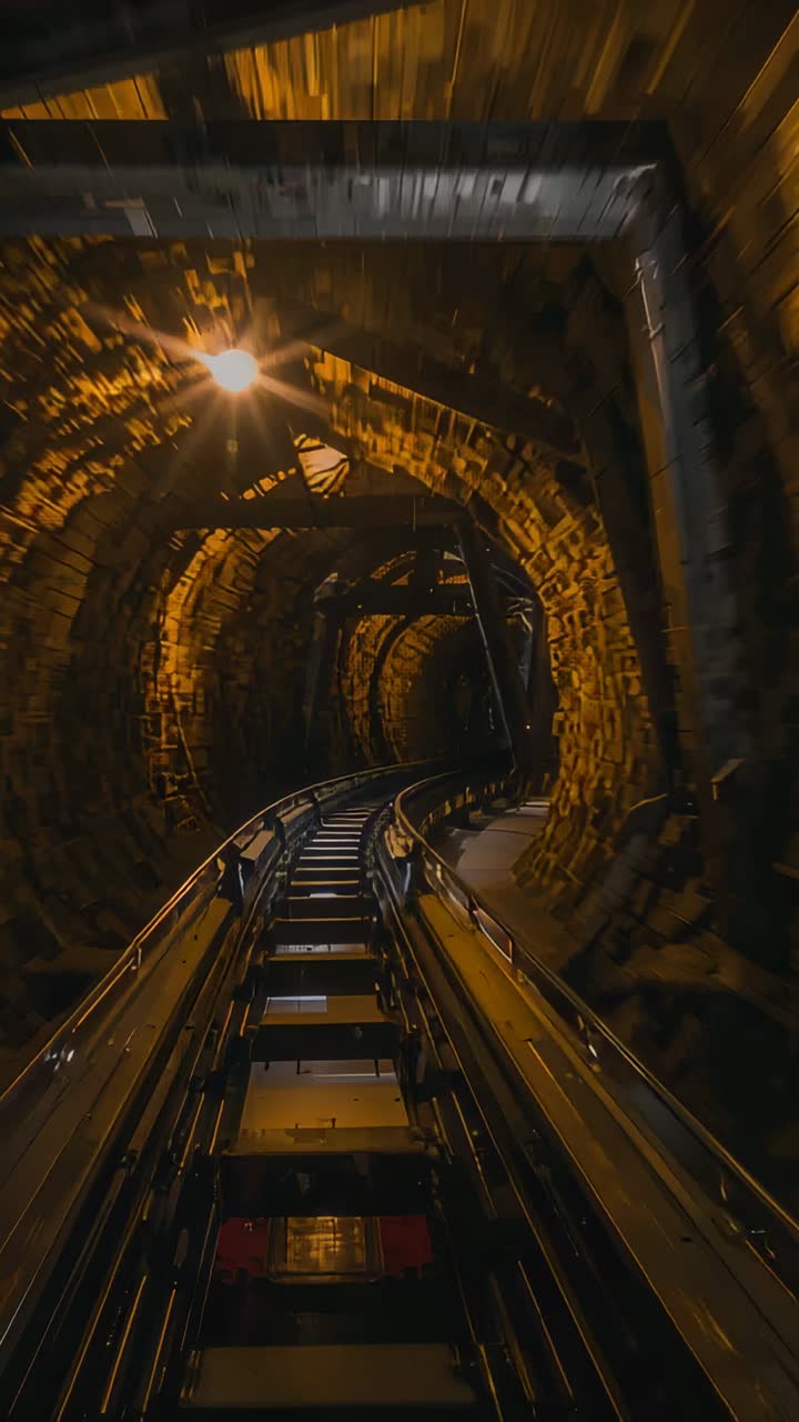 Vertical video: Starting vehicle moving camera along metal rail through arched tunnel, taking bend