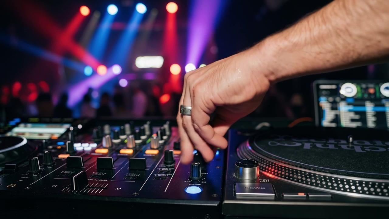 Primo piano della mano di un DJ che regola le manopole su un mixer audio a una festa in discoteca