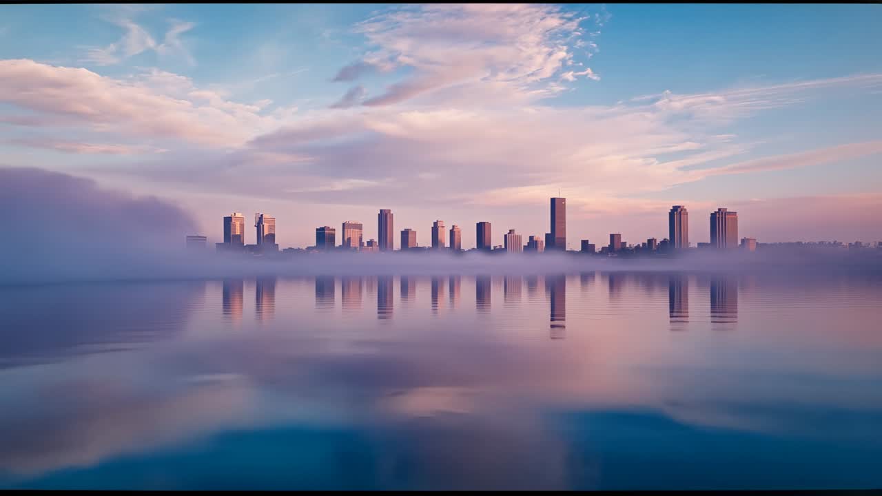 Advancing low-lying fog bank moving across harbor at sunrise, obscuring skyline reflections
