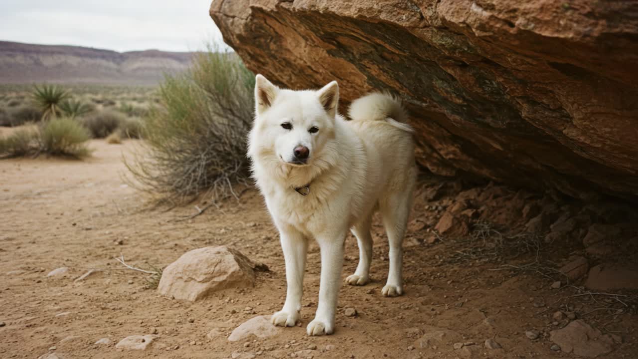 A Curious White Dog Standing Under a Large Rock in a Desert Landscape, Capturing the Essence of Wilderness and Exploration