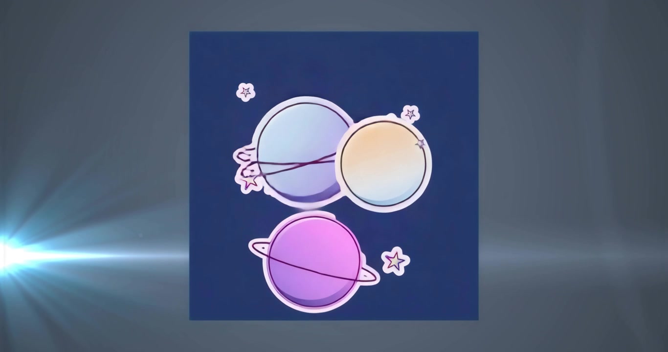 At start, ringed pastel planets sliding with drifting stars over lens flare, creating subtle motion