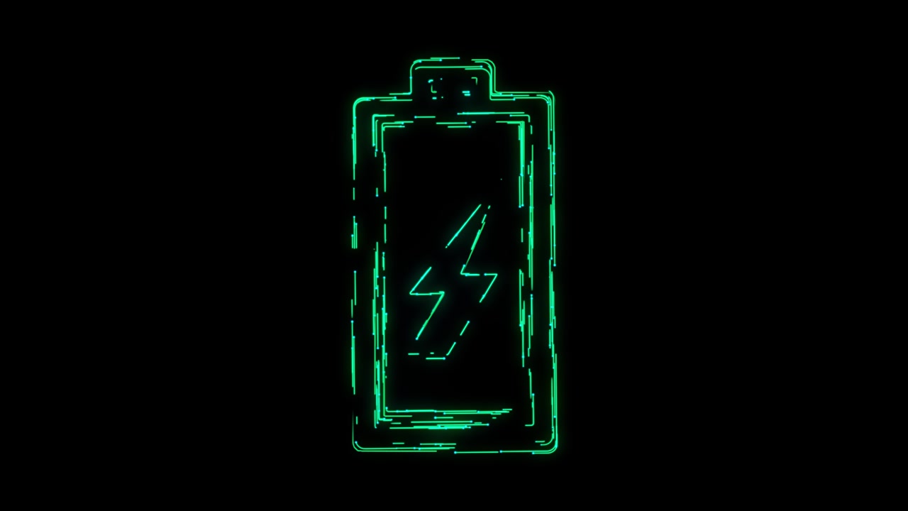 Battery animated icon appearing with lines on black background power supply connecting to the green