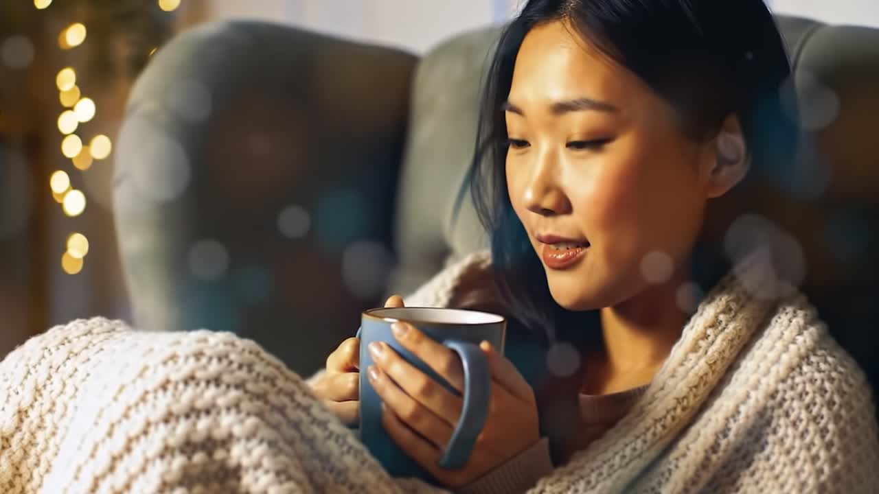 Cozy Evening Moments: A Young Woman Enjoys a Warm Beverage Wrapped in a Soft Blanket While Embracing the Comforts of Home and Winter's Glow