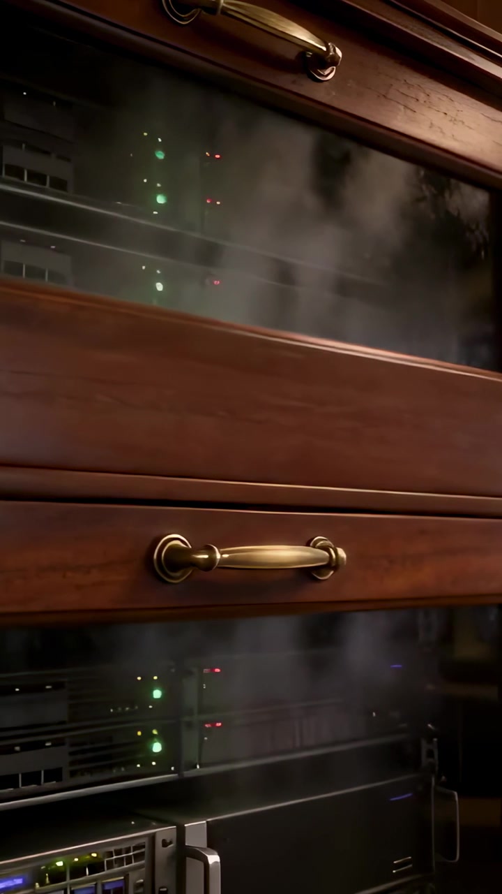 Video verticale: LED verdi lampeggianti che muovono vapore dietro un cassetto di legno socchiuso, rivelando uno scaffale in casa.