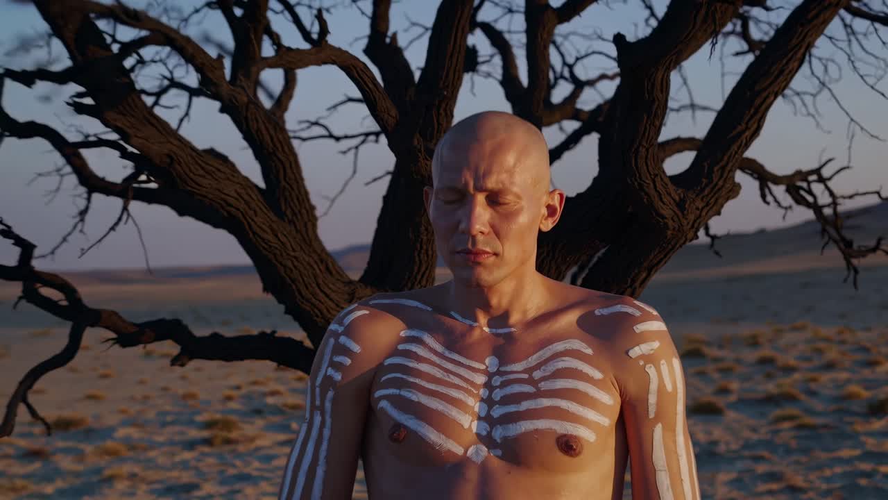 Shirtless man with tribal body painting meditating in the desert under a dry tree during a beautiful sunset, embracing spirituality and connecting with nature