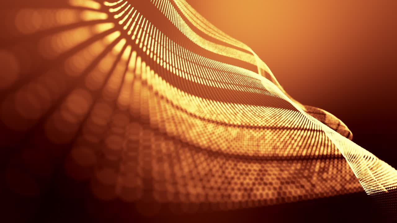 4k looped abstract background of gold glow particles form lines, surfaces as landscape in cyberspace or hologram. Sci-fi theme of microworld, nanotechnology or cosmic space. Depth of field. 65 stripes