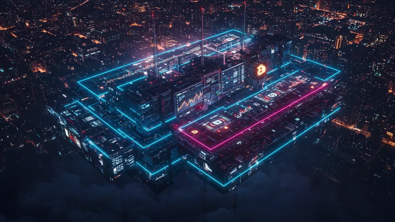 Futuristic digital cityscape showcasing a vibrant, illuminated platform with Bitcoin symbols and advanced trading analytics, set against a sprawling urban skyline at night