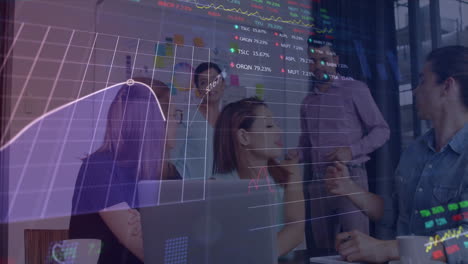 animation of stock market data processing over team of diverse colleagues discussing at office