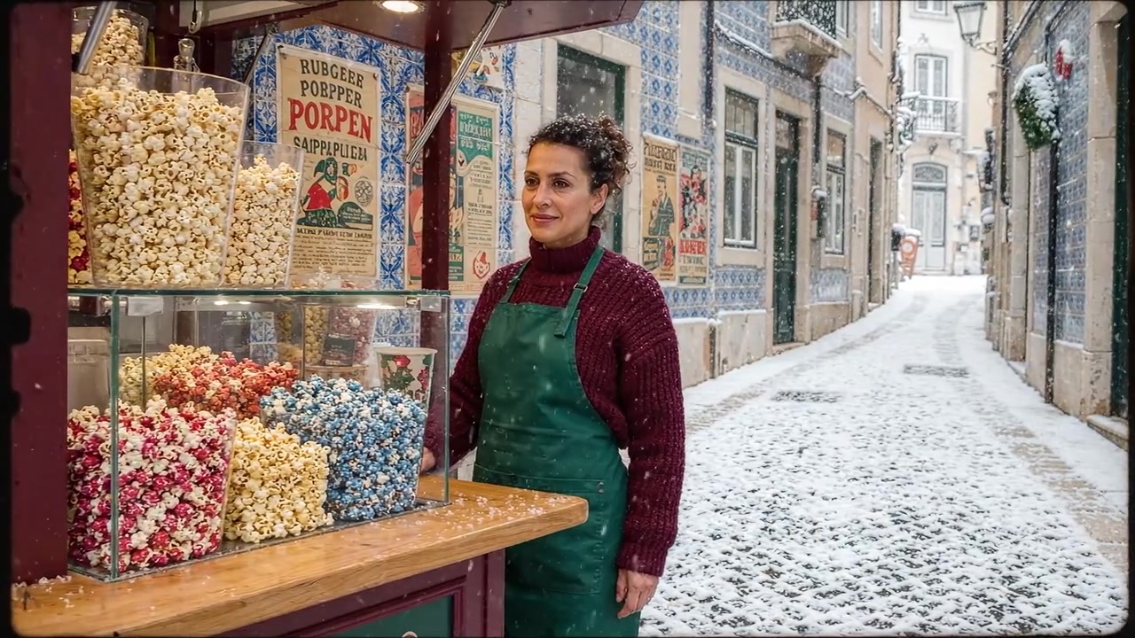 Una scena invernale con un venditore sorridente a un chiosco di popcorn, circondato da strade innevate e architettura affascinante, che cattura l'essenza della gioia stagionale.