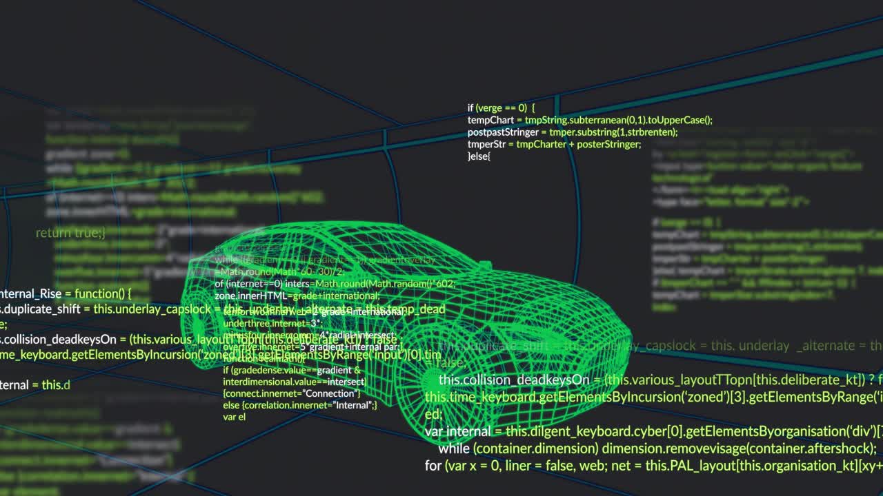 Neon-green wireframe sedan holding while code scrolling initiating then rotating for design demo