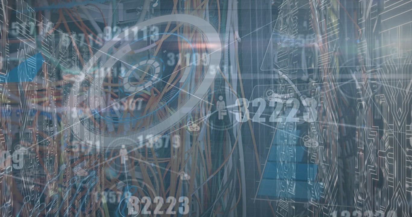 Animation of numbers and data processing over computer motherboard