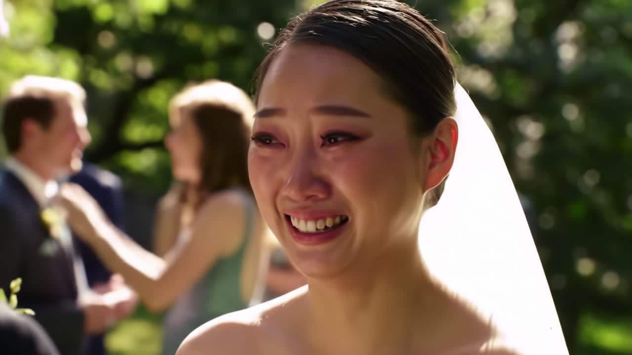 An Emotional Bride's Heartfelt Moments During Her Wedding Celebration, Capturing Joy, Love, and Connection in a Beautiful Outdoor Setting Surrounded by Family and Friends