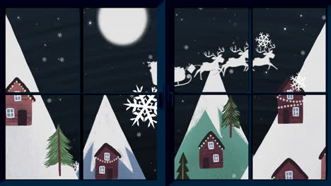 animación digital del marco de la ventana contra la nieve que cae sobre la silueta de santa claus en el trineo
