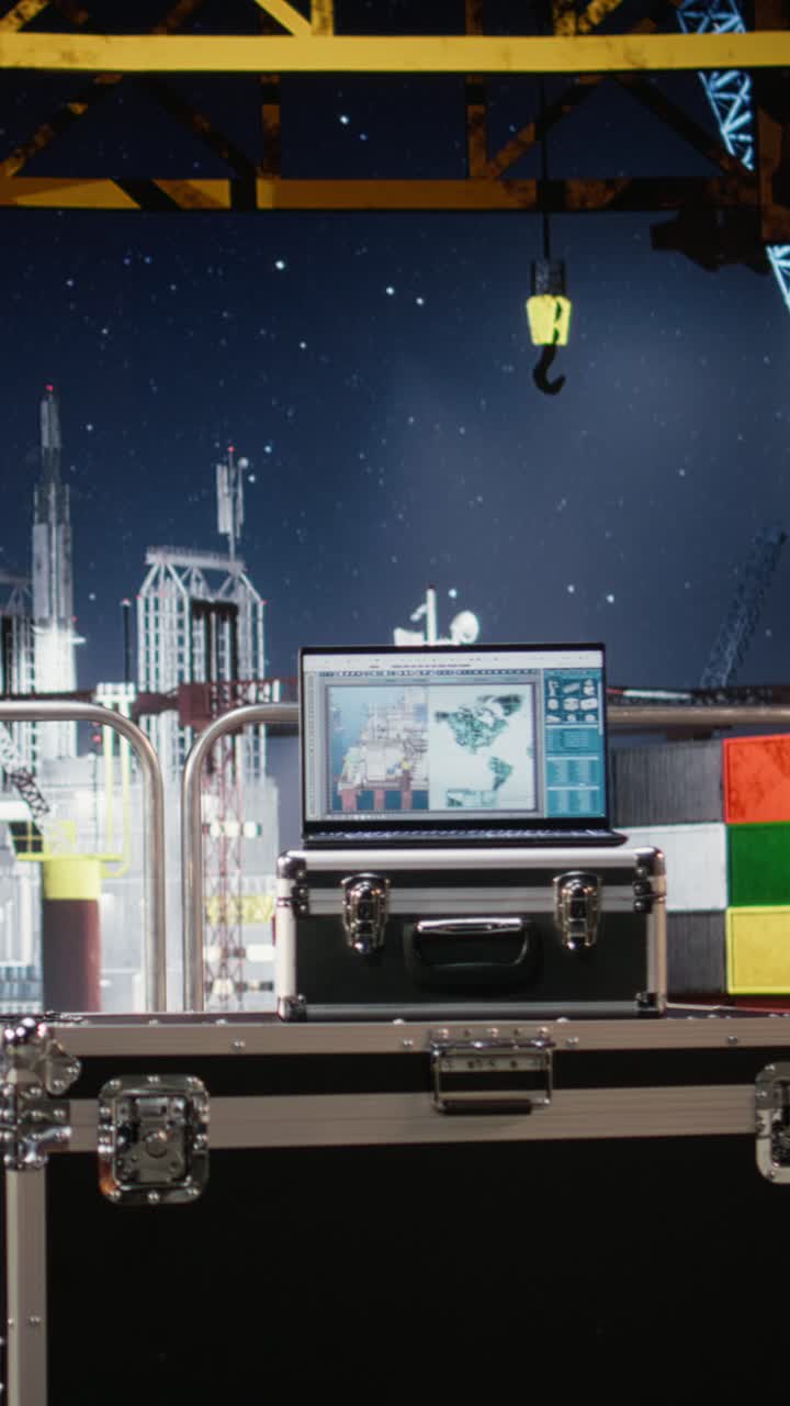 Vertical Video Empty offshore platform with a laptop running maintenance software
