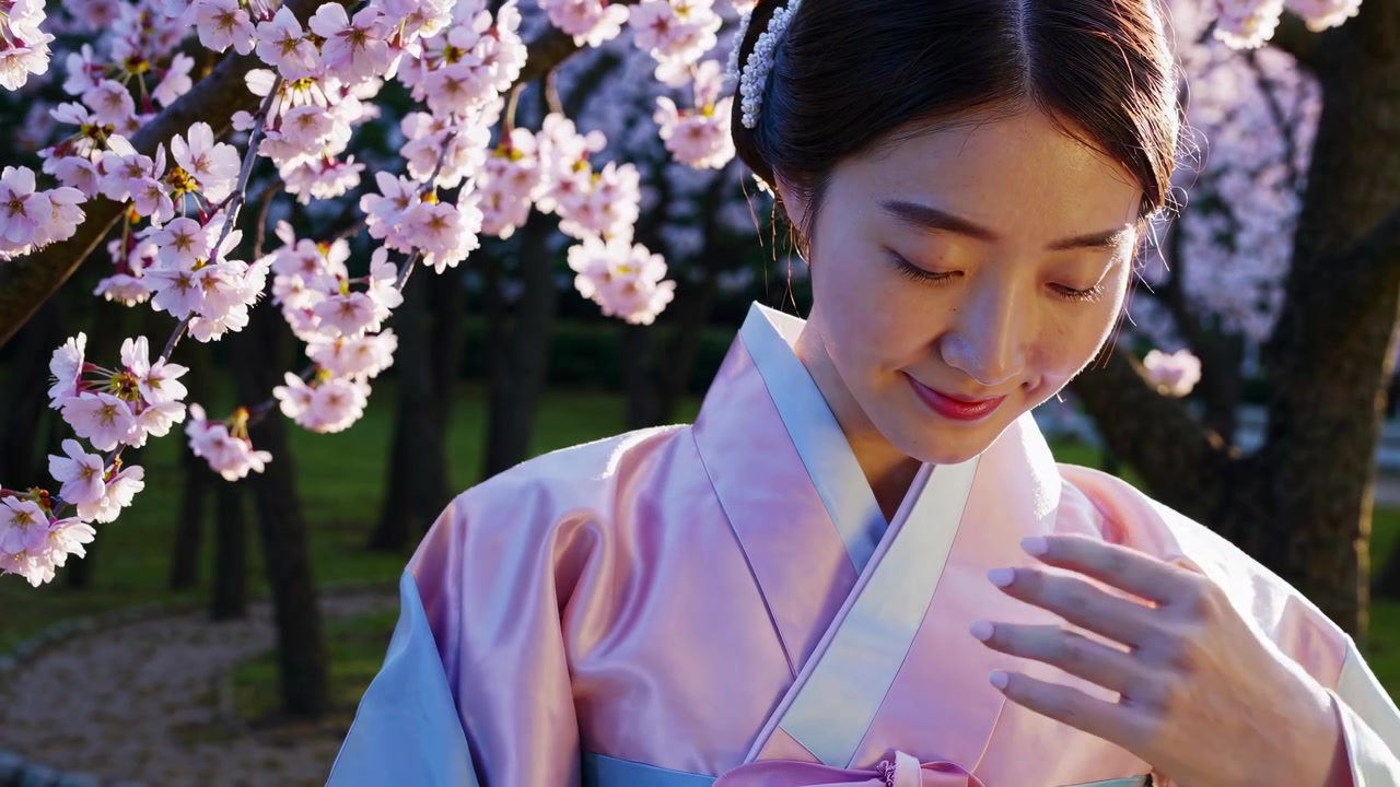 Giovane donna in Hanbok tradizionale coreano sotto i ciliegi in fiore
