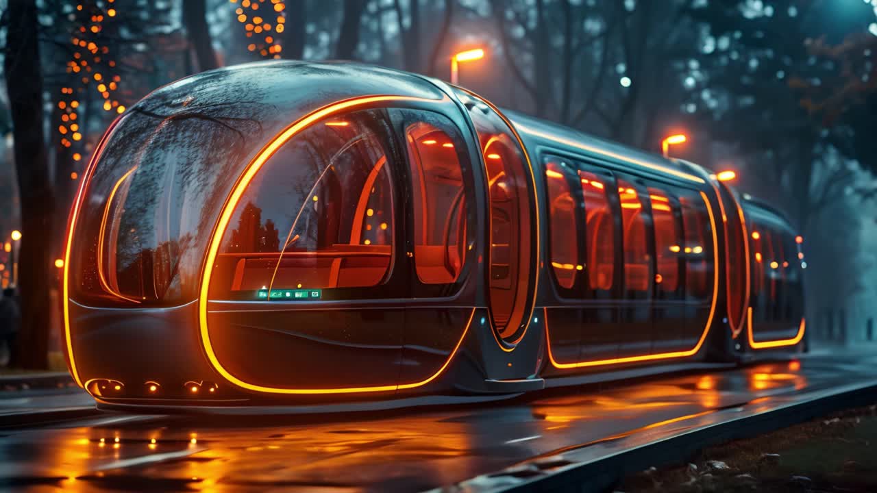 Futuristic Tram at Night with Orange Glow