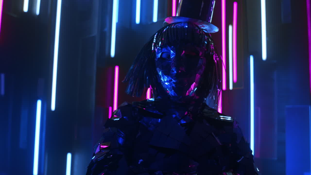 A steel man in a sparkling reflective suit shakes his head in rhythm. Neon light Blue-violet light. Show dancer.