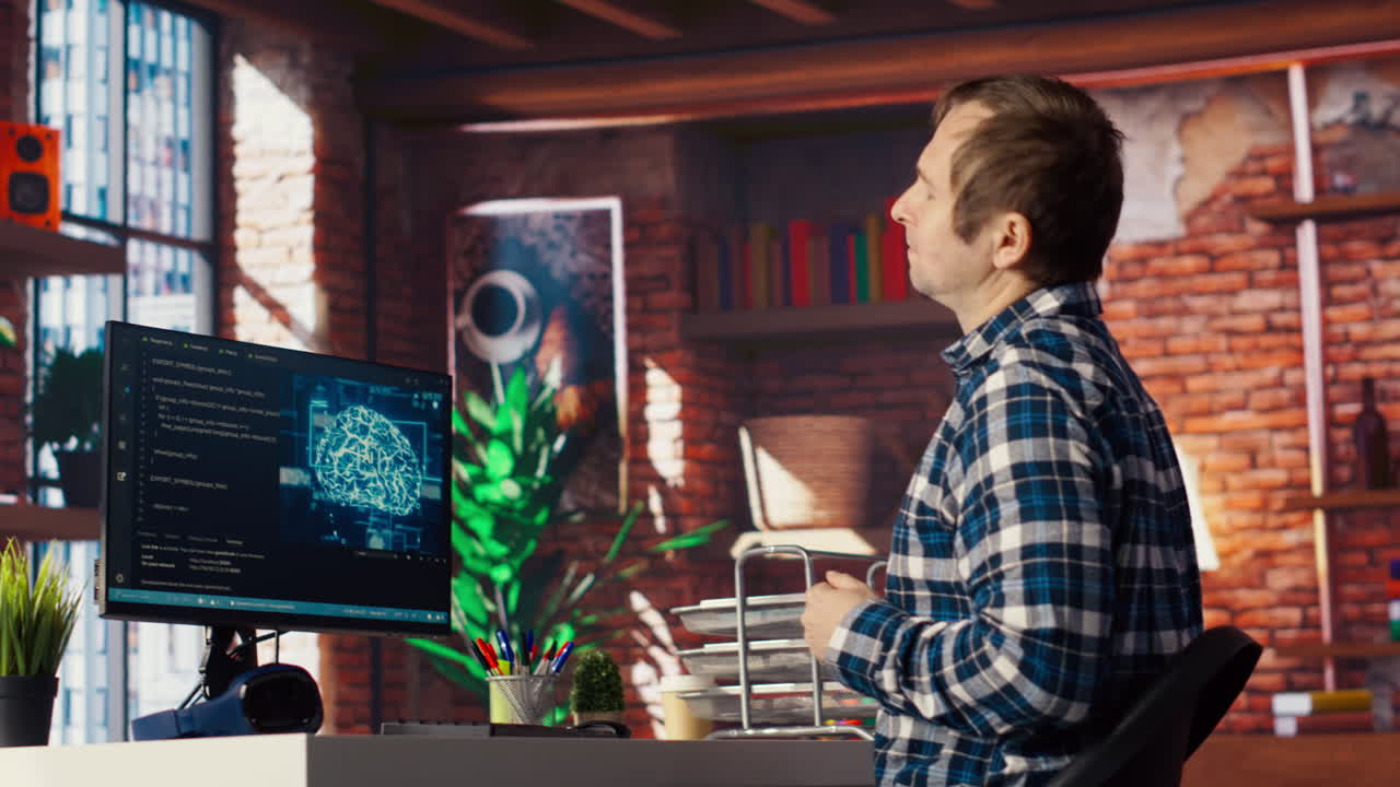 AI engineer in home office stretching back while looking at PC screen, feeling fatigued