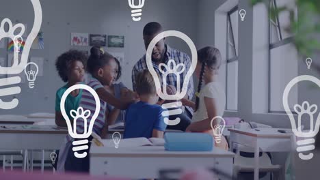 animation of light bulbs over diverse male teacher and pupils studying brain model in class