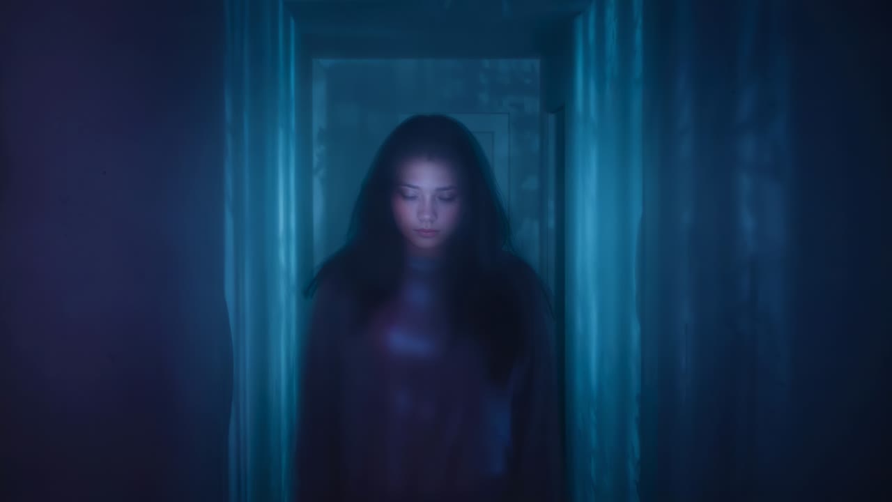 Donna asiatica che cammina, alza la testa mentre l'illuminazione blu-verde si intensifica nel corridoio, rivelando la lucentezza del petto