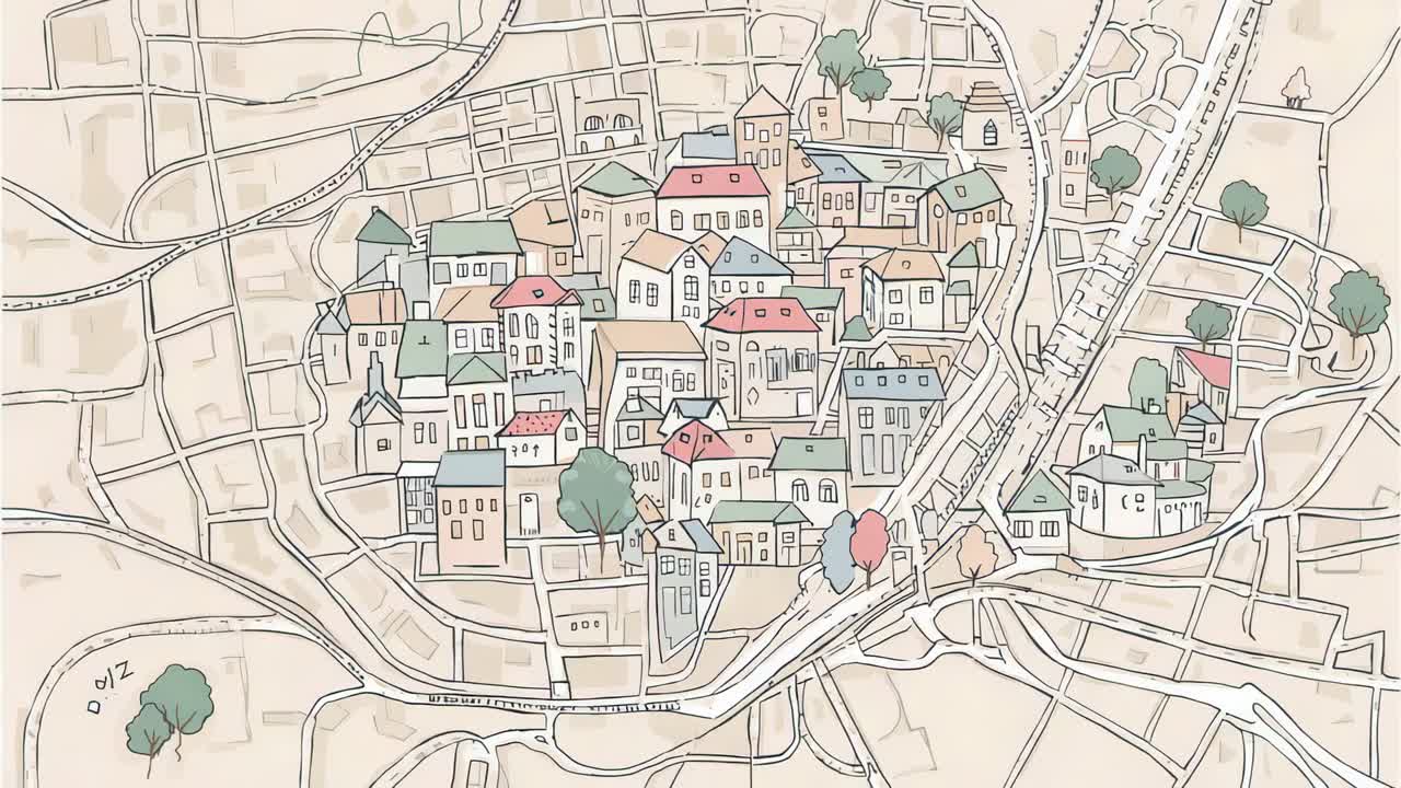 再生を開始、スケッチされた街の地図がセピア色の紙に引かれ、色付きの屋根と2本の木が描かれています。