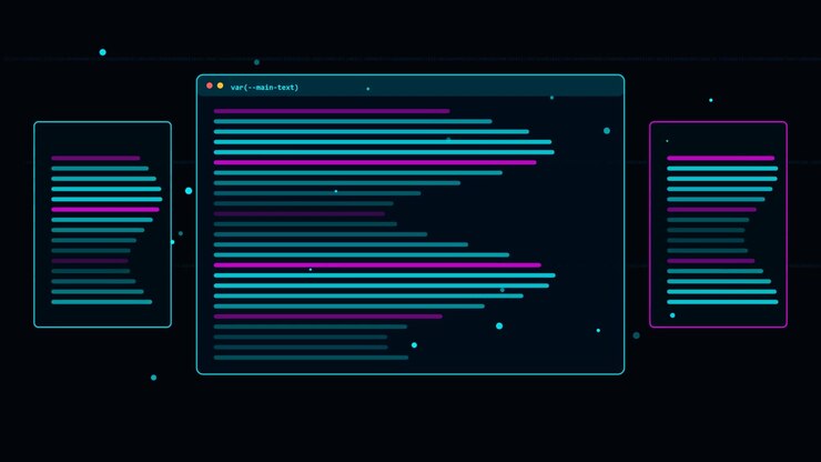Abstract Digital Interface with Animated Code Blocks and Data Visualization