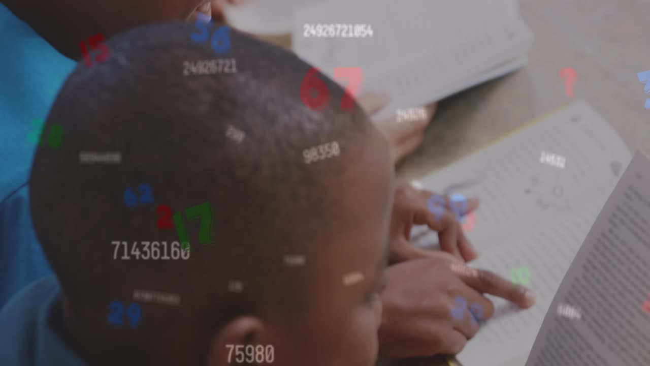 Animation of changing numbers and letters, overhead view of african american students reading book