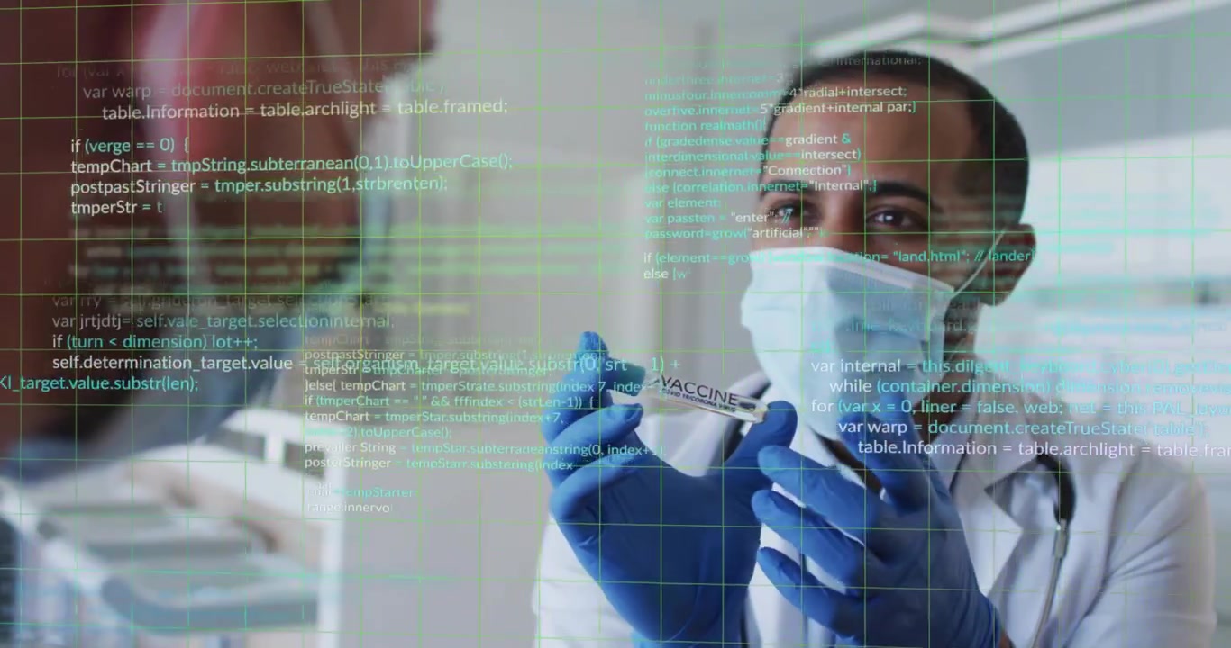 Medical consultant showing vaccine vial label to patient as grid appearing and code intensifying