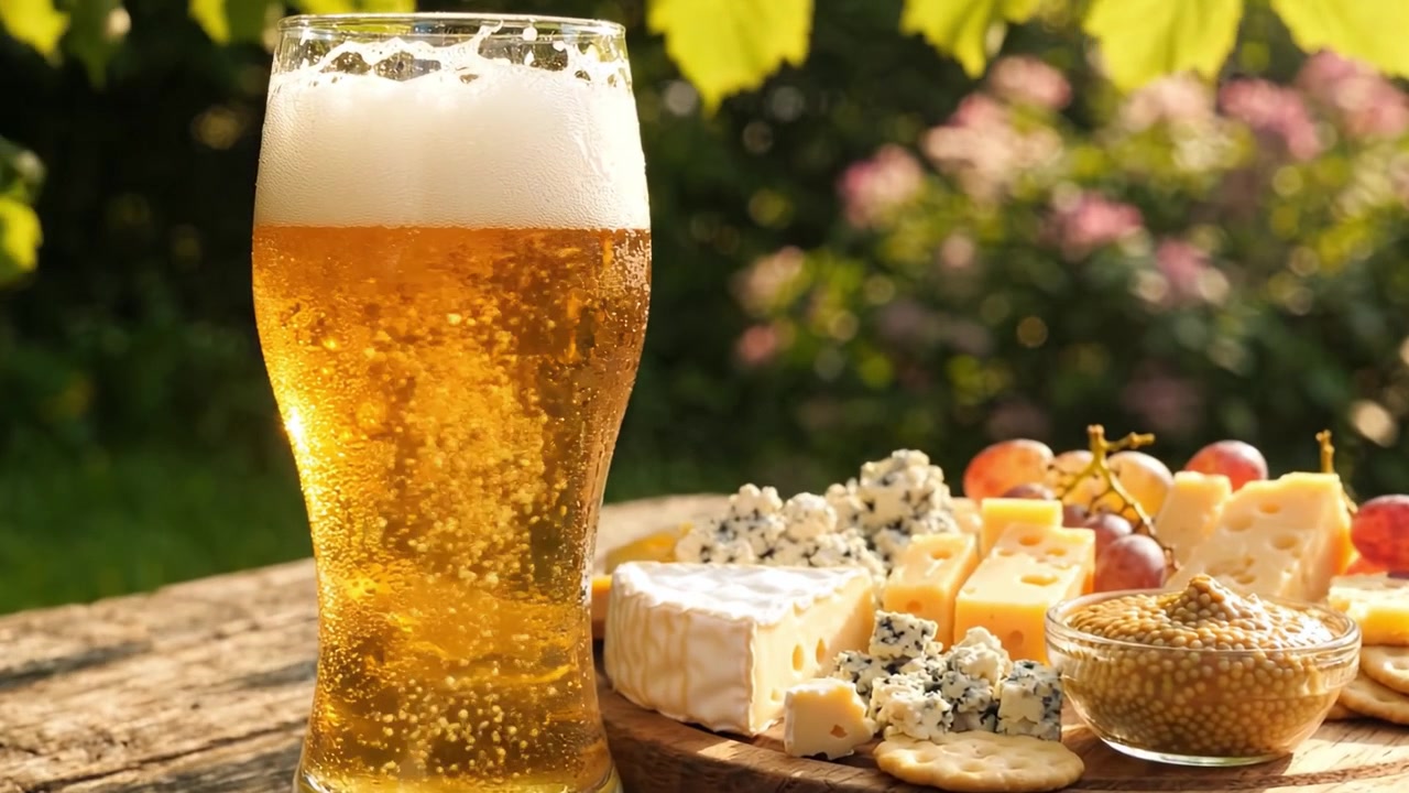 Un rinfrescante bicchiere di birra abbinato a un elegante tagliere di formaggi in un lussureggiante ambiente esterno, perfetto per il relax e il piacere culinario.