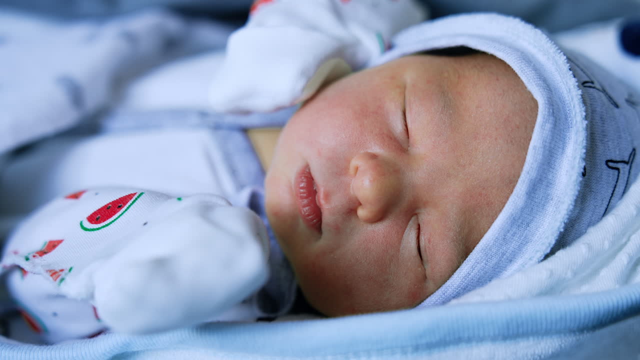 Lovely Caucasian newborn kid's face. Sleeping infant few days old close up portrait.