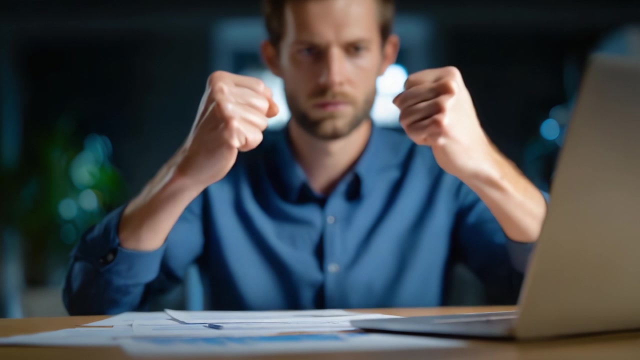 Um homem concentrado com os punhos cerrados senta-se a uma mesa em frente a um laptop exibindo documentos, refletindo um momento de tensão e concentração em uma sala com pouca luz