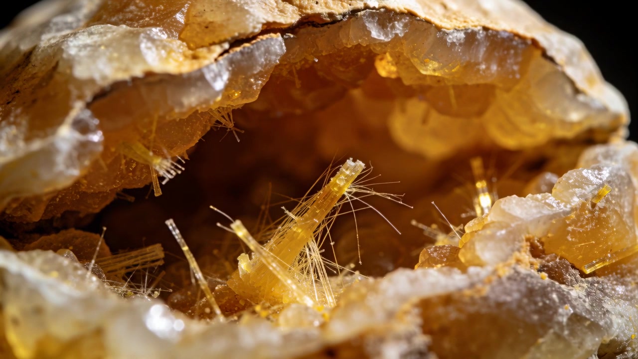 Sich bewegende Makrokamera zieht den Fokus über eine hohle Geodenhülle im Studio, hebt goldene Kristalle hervor