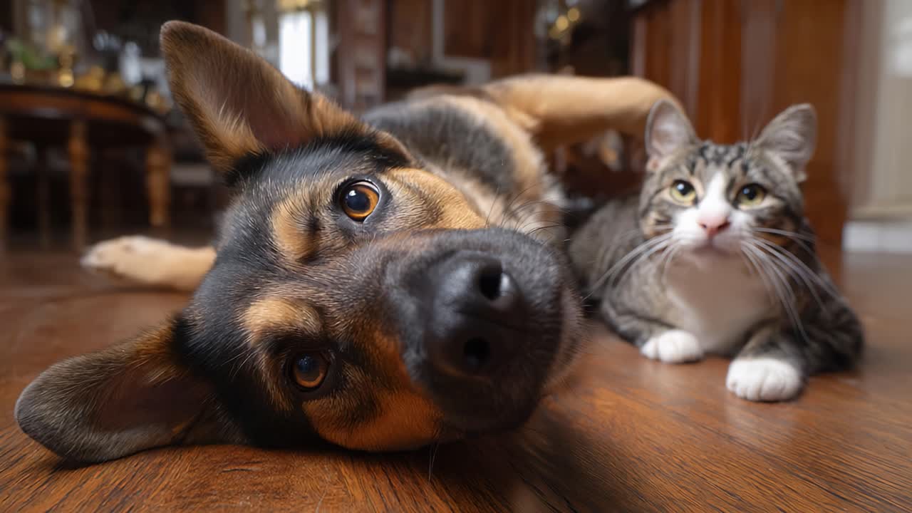 Bezauberndes Hunde- und Katzen-Duo entspannt zusammen auf einem Holzboden, aufgenommen in einem herzerwärmenden Moment der Freundschaft und des Komforts in einer gemütlichen Innenumgebung